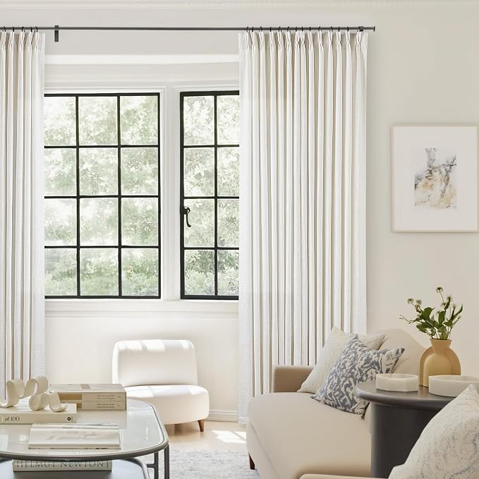 98 Inch Long Curtains Pinch Pleat Linen Curtains for Living Room Bedroom 2 Panels Natural Cream Light Filtering Privacy Neutral 98 Inch Pleated Drapes Hooks Rings Back Tab for Window Treatment