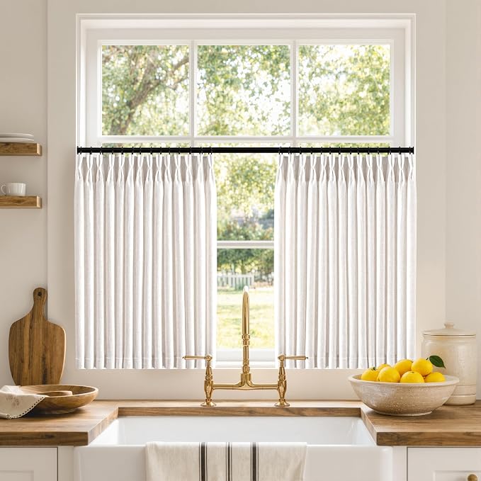 MIULEE Pinch Pleated Thick Linen Curtains 24 Inches Long 2 Panels for Kitchen Bedroom, Linen Textured Memory Trained Small Short Drapes Pleat Back Tab Light Filtering Natural Half Window Curtains