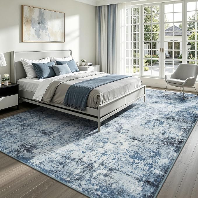 Rugflix 5x7 Area Rugs for Living Room, Washable Large Rug Stain-Resistant Low Pile, Modern Dark Carpet for Dining Room Home Office Kid Room Nursery Bedroom, Blue Grey/Black
