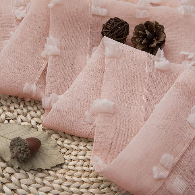 DANCURTON Dusty Pink Sheer Curtains 96 Inches Long 2 Panels for Girls Bedroom Window Boho Pom Pom Sheer Semi Window Curtains Back Tab Rod Pocket Shabby Chic Pink Textured Curtain for Nursery 52x96