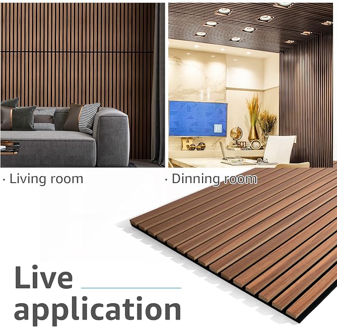 Art3d 2 Wood Slat Acoustic Panels for Wall and Ceiling - 3D Fluted Sound Absorbing Panel with Wood Finish - Walnut