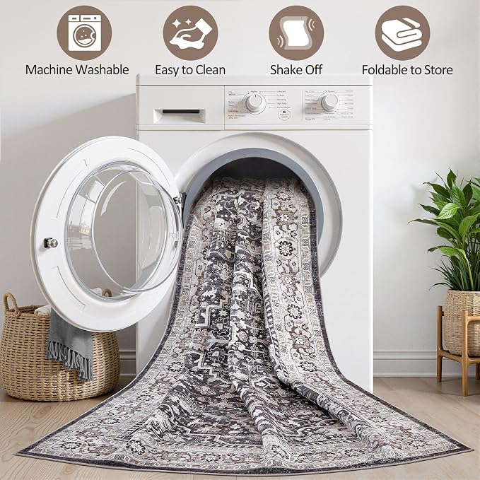 6x9 Area Rugs Living Room: Washable Boho Large Vintage Moody Soft Rug Distressed Oriental Stain Resistant Non-Slip Indoor Floor Carpet for Bedroom Playroom Office Dining Room Retro Home House- Black