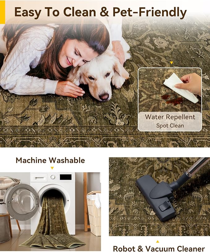 RELEANY Area Rugs Square 4ft Washable Non-Slip, Floral Vintage Distress Medallion Carpet for Living Room Bedroom Dining Room, Brown Dark Brown