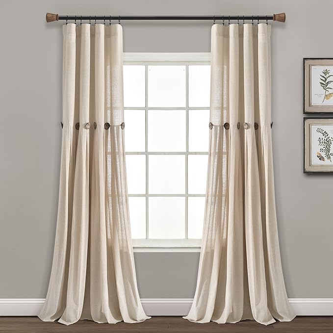 Lush Decor Linen Button Window Curtain Panel, Single, 40" W x 95" L, Dark Linen- Country Curtains - Rustic Decor - Color Block - Modern Farmhouse Curtains