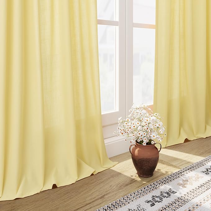Yellow Linen Curtains 105 Inches Long for Living Room 2 Panels Set Extra Long Back Tab Curtains Neutral Farmhouse Light Filtering Semi Sheer Linen Drapes Ceiling to Floor for Large Window 52x105