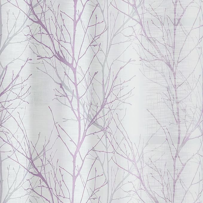 FMFUNCTEX Linen Semi Sheer Curtains for Bedroom, Lilac White Curtains 84 Inches Long for Living Room, Grey Tree Branch Patterned Curtain Light Filtering Farmhouse Window Drapes, Grommet Top 2 Panels