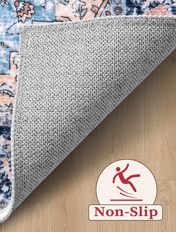 SERISSA Boho Washable Runner Rug, 2'6"x10' Long Non-Slip Vintage Blue Orange Hallway Kitchen Stair Runner Rug Ultra Soft Print Distressed Floor Carpet for Bedroom Bathroom Laundry Room