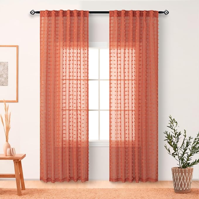 Burnt Orange Sheer Curtains 84 Inches Long Terracotta Curtains for Living Dining Room Bedroom 2 Panels Back Tab Boho Farmhouse Style Pom Pom Tufted Window Drapes Semi Sheer Fall Decor Curtain 52x84
