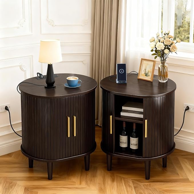 DHH Mid Century Modern Nightstand with Charging Station, Fluted Accent Side Table with Sliding Door & Adjustable Shelf, End Table for Small Space, Living Room, Bedroom,Sofa Couch(1, Dark Walnut)