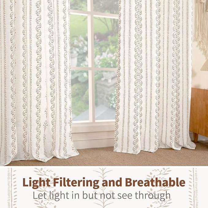 BGment Brown Boho Curtains Leaf Floral Print Cottage Core Botanical Curtains for Bedroom Light Filtering Curtain 63 Inch Long for Farmhouse Rustic, Each 52 Inch Wide, 2 Panels Set