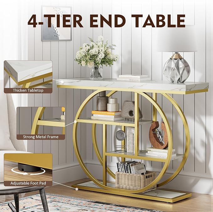 41.3" Console Table, Modern Sofa Table with Circle Base, 4-Tier Narrow Entryway Table for Hallway, Slim Industrial Accent Table with Storage Shelves for Living Room, White & Gold