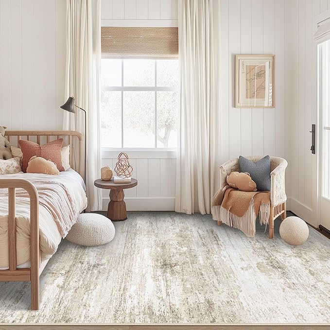 Washable Rug 6x9 Area Rugs for Living Room: Neutral Soft Rug Abstract Non Slip Low Pile Modern Carpet for Bedroom Kitchen Nursery Office Dining Room Indoor (Beige, 6'x9')