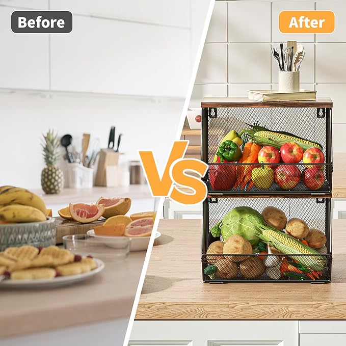 Stackable Fruit Basket for Kitchen Countertop Space Saving, Wall Mounted Mesh Metal Wire Basket with Wood Lid Extra Storage, 2 Pack Kitchen Counter Organizer for Snack, Onion and Potato Storage, White