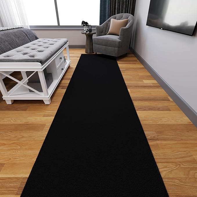 Ottomanson Aisle Runner Rug – Non-Slip Low Pile Carpet Runner for Long Hallways & Corridors, Stain Resistant & Easy to Clean, Solid Black, 2'7" x 39'
