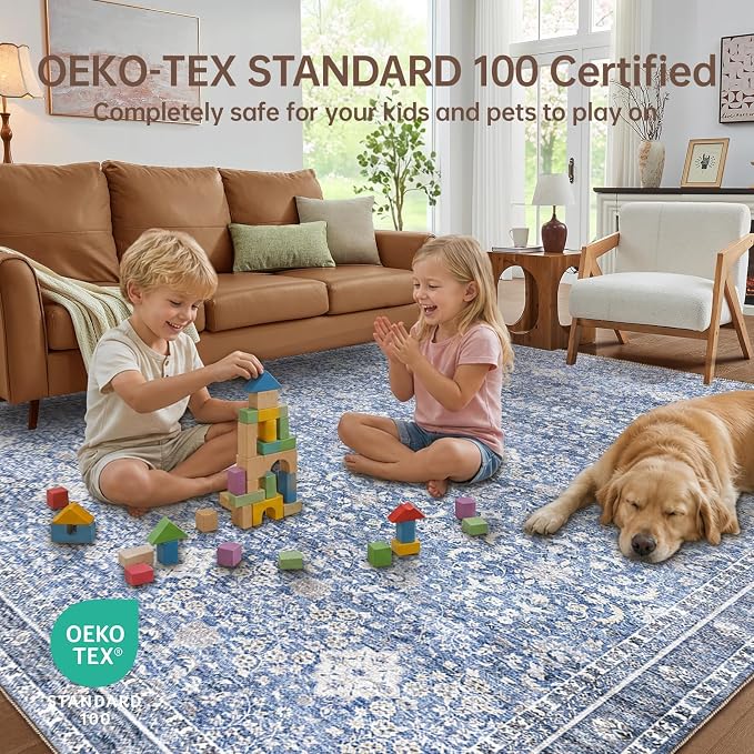 Sasttie 5x7 Area Rugs, Ultra-Soft Washable Rug, Low Pile Foldable Thin Carpets with Non-Slip Backing, Skin-Friendly Stain Resistant Carpet for Living Room, Bedroom, Kitchen, Dorm, 5x7, Blue