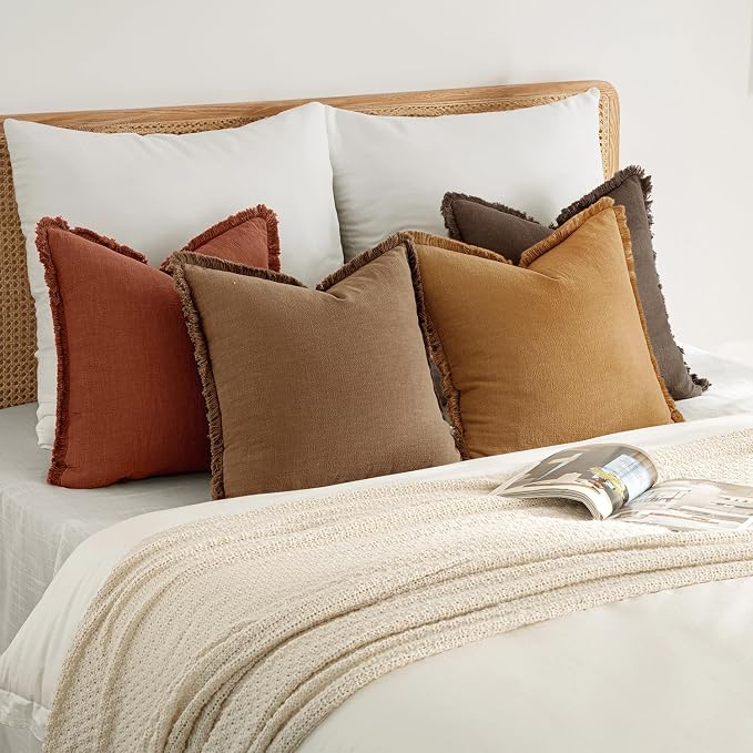 MIULEE Decorative Couch Pillow Covers Neutral Linen Fringe Throw Pillows Set of 4 Soft Rustic Cushions Boho Farmhouse Pillowcases for Bed Sofa Living Room Spring Decor 18x18 Inch Orange/Yellow