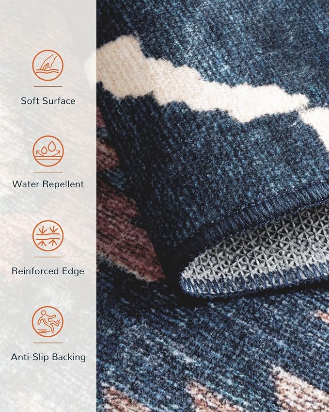 BESTSWEETIE Area Rug 2x10 Rug Machine Washable Non-Slip Low Pile Print Pattern Western Rug for Living Room Bedroom Entryway Tribal Series -Darkblue