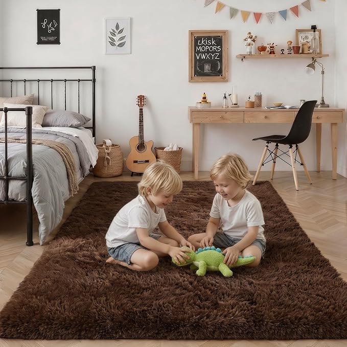 6x9 Area Rugs for Living Room Bedroom: Ultra Soft Fluffy Shag Rug Upgrade Non-Slip Non-Shedding Large Fuzzy Plush Carpet Indoor Floor Carpets for Kids Room Playroom Nursery Dorms Home Decor Brown