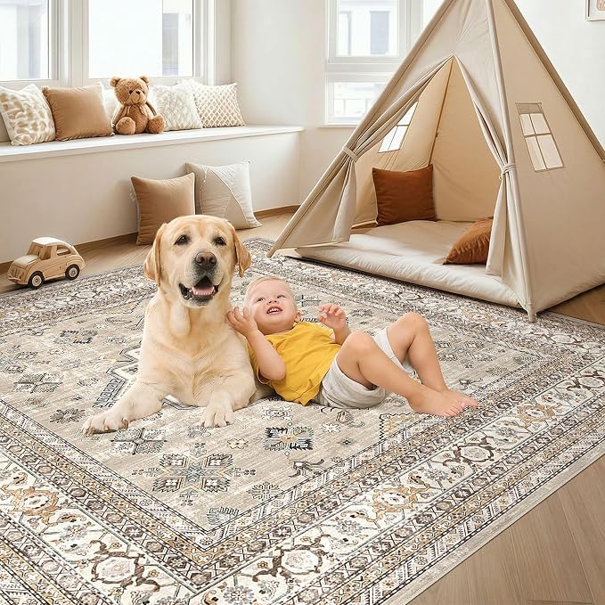 Vintage Living Room Square Area Rug 9x9 - Large Soft Washable Oriental Traditional Distressed Farmhouse Rugs for Bedroom - Indoor Floor Accent Carpet for Home Office House Decor - Beige