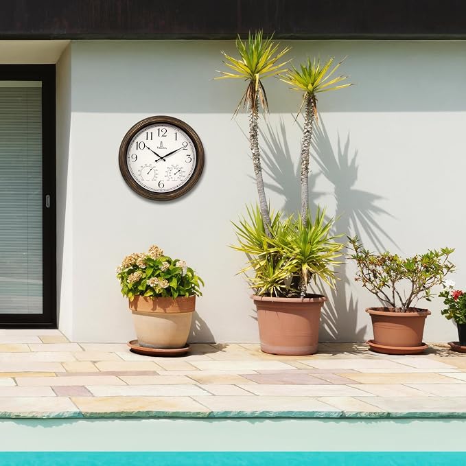 Outdoor Clocks for Patio Large Waterproof with Thermometer - 18 inch Indoor Outdoor Wall Clock with Temperature and Humidity Combo - Weatherproof, Accurate & Easy to Read for Pool, Garden & Home Decor