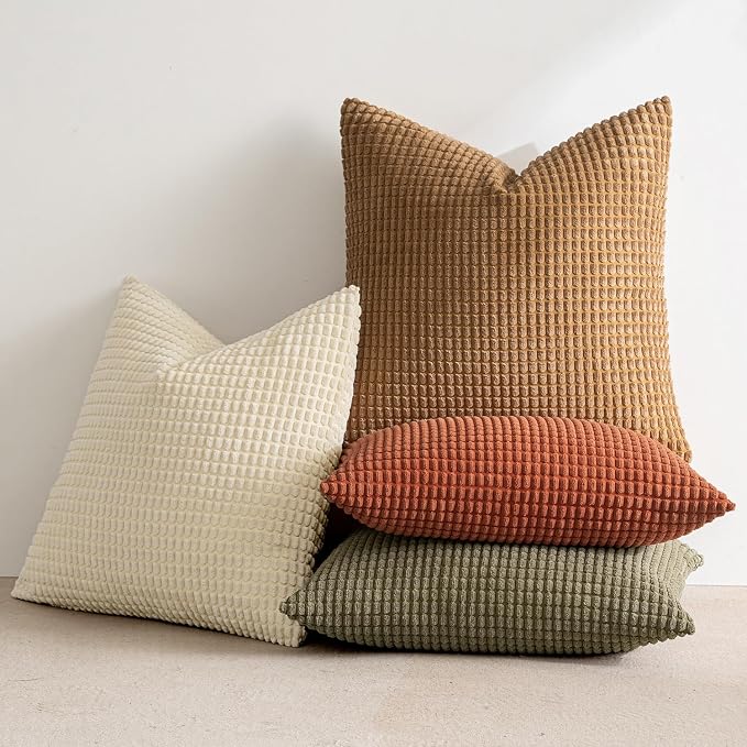 MIULEE Farmhouse Decorative Pillow Covers 16x16 Inch Set of 4 Brown Green | Modern Natural Rustic Throw Pillows Neutral Warm Soft Corduroy Couch Pillowcases Home Decor for Sofa Living Room Bed