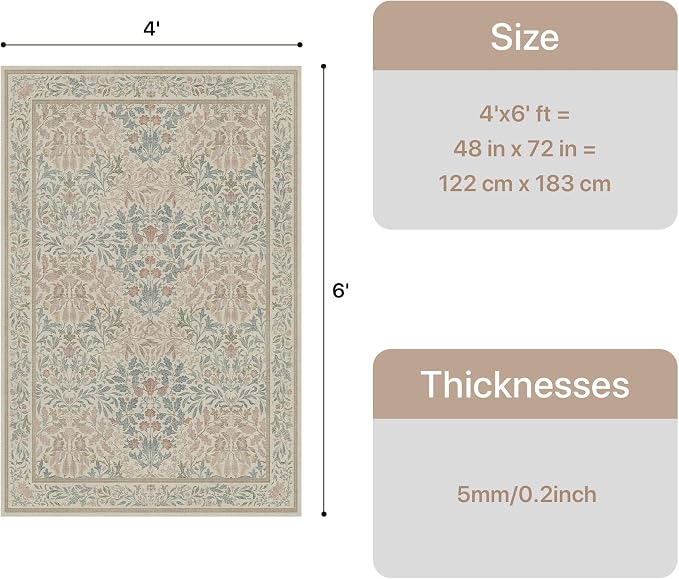 GENIMO 4x6 Washable Area Rug for Bedroom, Non Slip, Beige Pink | Vintage Boho Floral Low Pile Thin Carpet for Bedroom, Dining Room, Nursery, Indoor Decor