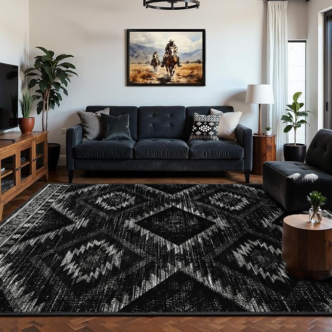 BESTSWEETIE Area Rug 7x9 Rug Machine Washable Non-Slip Low Pile Print Pattern Western Rug for Living Room Bedroom Entryway Tribal Series-Black
