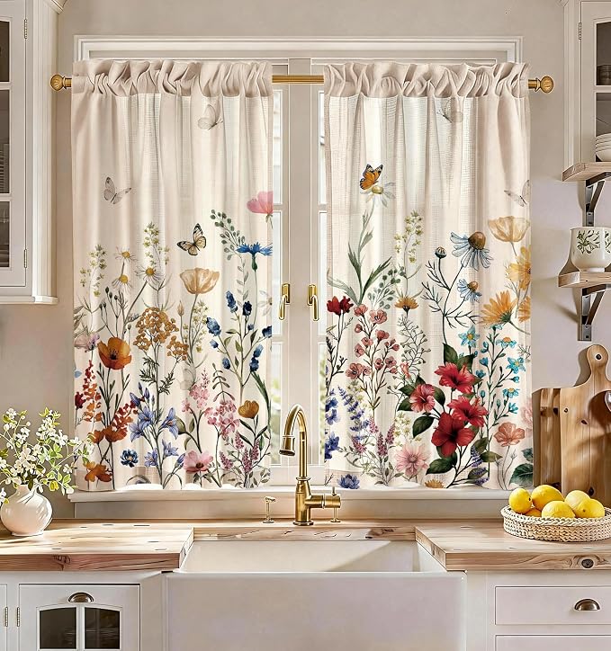 Miss Adola Floral Kitchen Tier Curtains - 45 Inch Length Linen Blend Farmhouse Cafe Curtains Vintage Small Window Treatments Over Sink Rod Pocket for Bathroom Living Room Light Filtering, 2 Panels