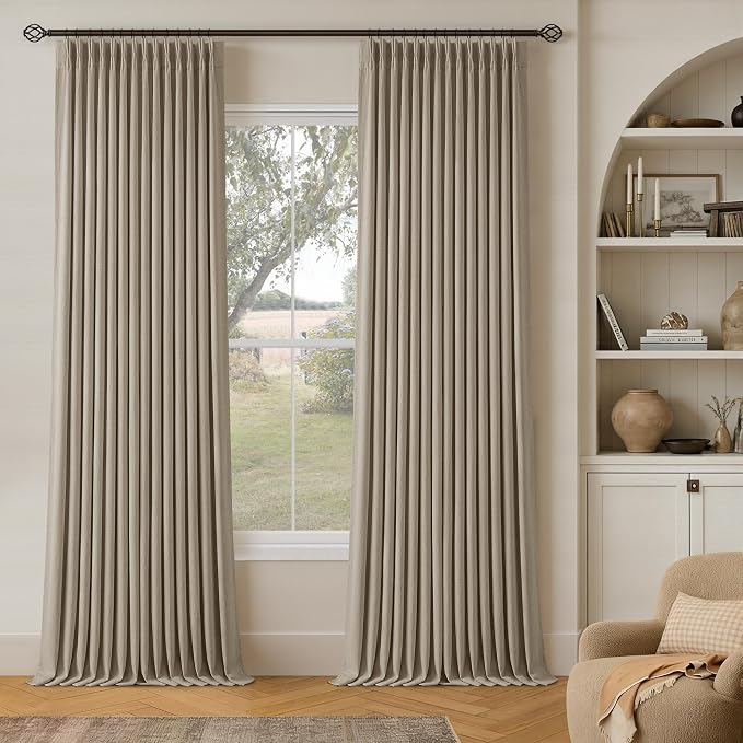 Pinch Pleated Blackout 102 Inch Bedroom Curtains 2 Panels Set Linen Dual Layer Soundproof Window Drapes for Living Room with Hooks Rings Back Tab 100% Black Out Window Drapes 40x102 Deep Flax Colored