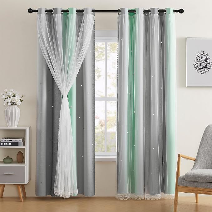 XiDi Green Grey Girls Curtains for Bedroom 63 Inches Long 2 Panels Rainbow Blackout Curtains for Little Girl Kids Room Decor Living Room, Princess Unicorn Wall Decals Drapes 52x63