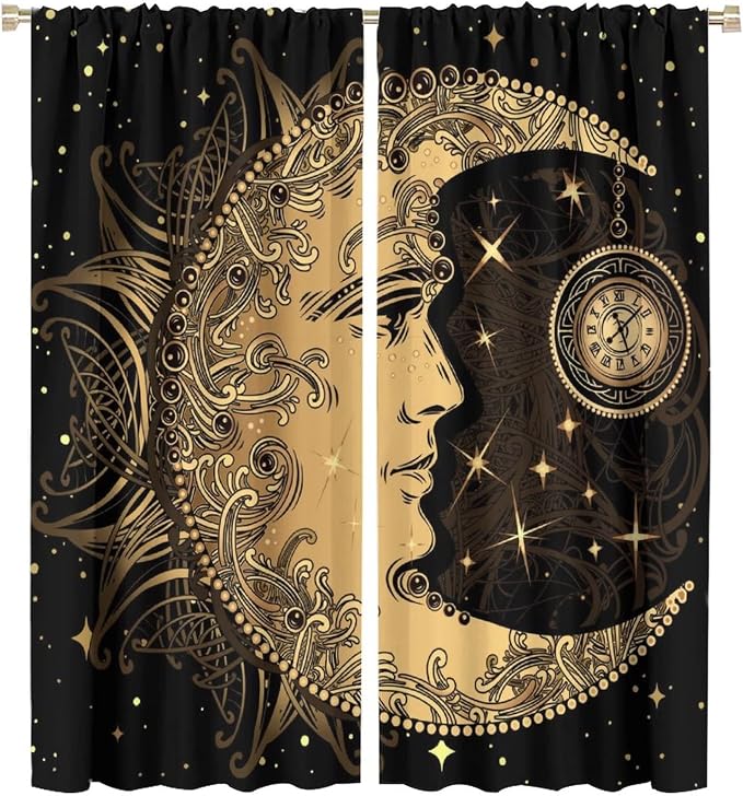 Sun Moon Blackout Windows Curtains, Retro Bohemian Antique Hippie Gold Sun Crescent and Star Curtains, for Living Room Bedroom 55x63in 2 Panels