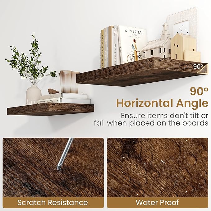 Fun Memories 72 Inch Long Floating Shelves for Wall, 72x9.3 Large Floating Shelf for Bedroom, Kitchen, Bathroom, Wall Mounted Rustic Wood Shelves with Invisible Bracket for Books, Decor, Rustic Brown