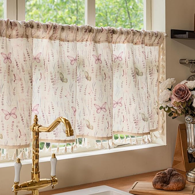 Deeprove Kitchen Curtain Valance Short for Window Bedroom Bathroom Garden Cafe Sink Closet Nursery Room, Lavender Purple Flower Butterfly Print Vintage Spring Summer Country, 1 Panel 52" W x 18" L