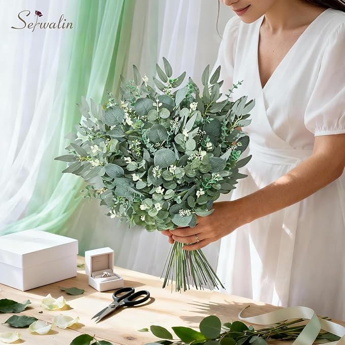 Serwalin 70pcs Artificial Mixed Eucalyptus Stems Leaves Bulk, 4Kinds Fake Greenery Silver Dollar Eucalyptus Leaves Picks,Faux Greenry Stems Sprays for DIY Bouquets Floral Arrangement Home Decor
