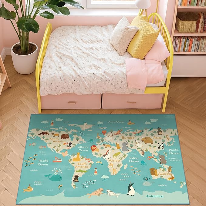 3x5 Play Mat for Kids Playroom - Colorful World Map Rug for Kids, Small Soft Educational Play Rug with Cute Animals by Continent, Washable Stain Resistant Foldable for Toddler Bedroom - Blue