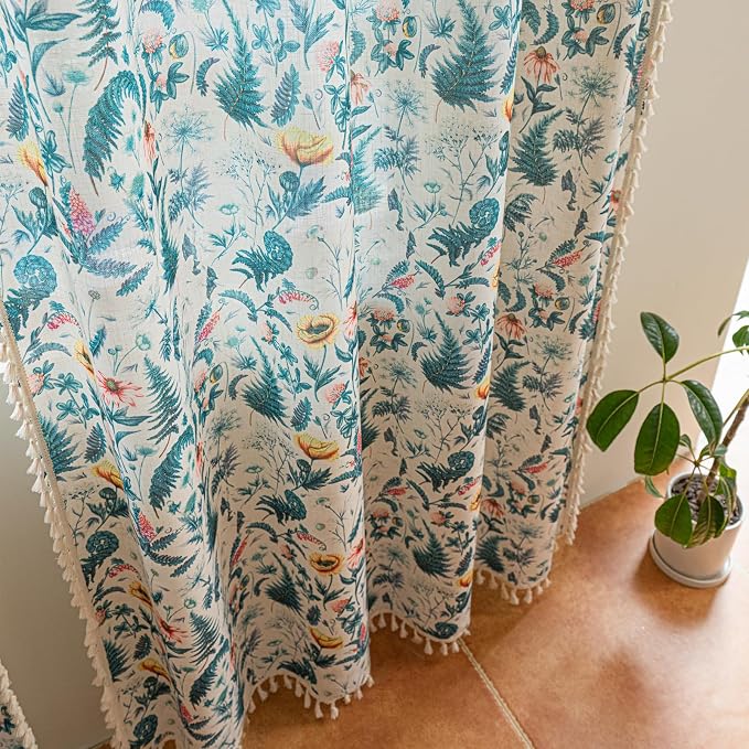 Deeprove Sheer Boho Print Curtains 63 Inches Long with Tassel, Green Fern Leaf Window Treatments Vintage Linen Look Drapes for Bedroom Farmhouse Country Style Privacy 2 Panels Pair 52W x 63L
