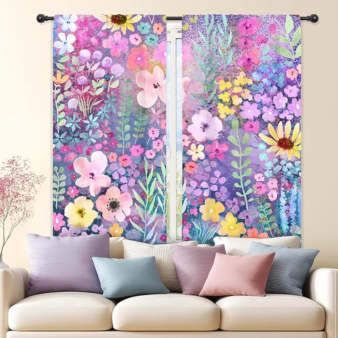 Riyidecor Purple Floral Curtains Rustic Boho Cute Wildflower Watercolor Plant Leaves Botanical Flower Spring Nature Rod Pocket Modern Bedroom Living Room Treatment Fabric 2 Panels 42Wx63H Inch