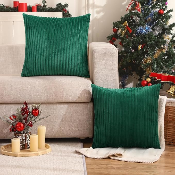 Simmore Decorative Fall Throw Pillow Covers 24x24 Set of 2, Soft Natural Plush Flannel Double-Sided Fluffy Couch Euro Sham Pillow Covers for Sofa Living Room, Green