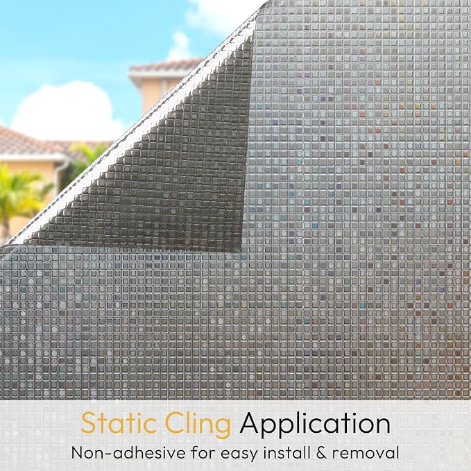 rabbitgoo Window Privacy Film, Mosaic Stained Glass, Brown 17.5" x 118.1" | Rainbow Decorative Removable Static Cling Tint, UV Blocking Reduce Heat, Non-Adhesive Privacy Covering for Home, Office