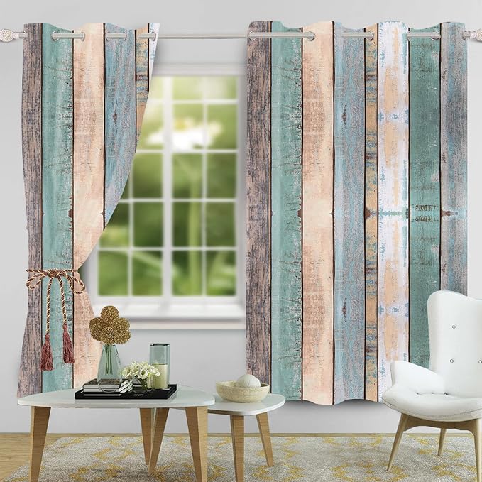 Rustic Wood Barn Door Curtains - Vintage Farm Style Colorful Wooden Planks Window Drapes for Kitchen, Living Room, Bedroom - Room Darkening, 53x45 Inch, 2 Panels