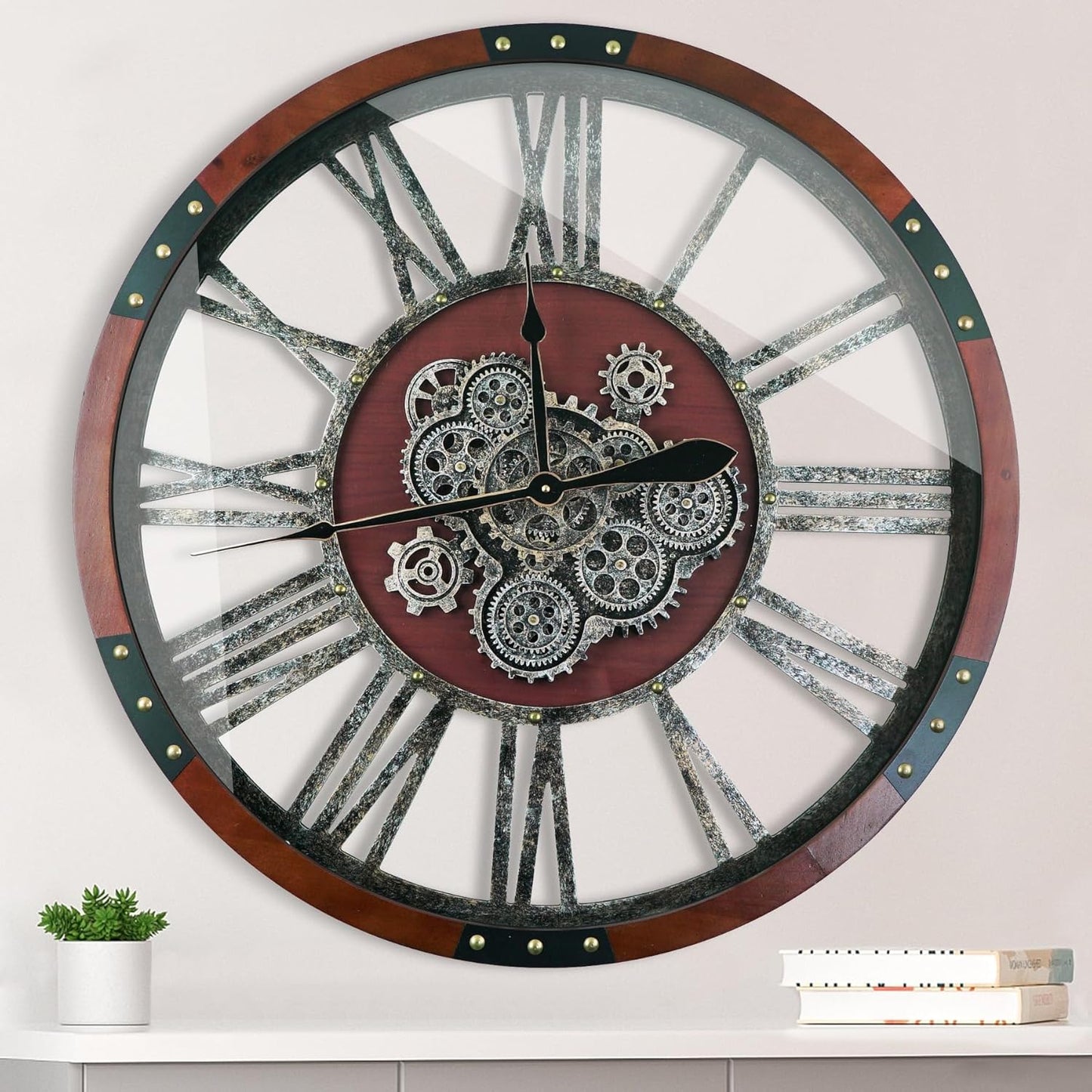 Large Wall Clock for Living Room Decor, 27 Inches Oversized Vintage Wood Decorative Steampunk Farmhouse Wall Clock for Rustic, Retro, Industrial,Kitchen,Office,Working Gears
