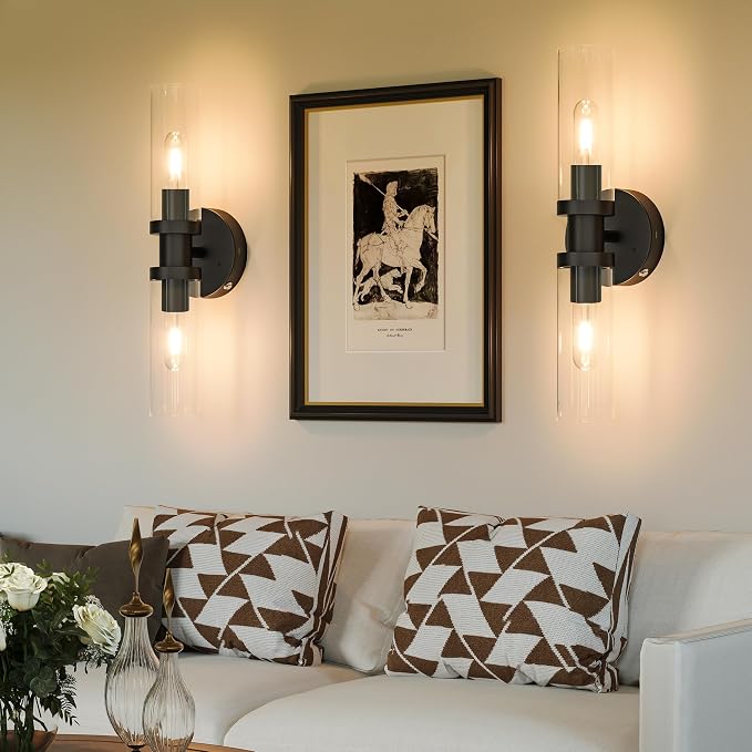 Rayogale Black Wireless Battery Operated Wall Sconce with Remote Control | Dimmable Rechargeable Wall Lights Set of 2, Timer, No Hardwire, Touch Control, 8000mAh, 3000K, Glass, Emergency, 16.5 Inch