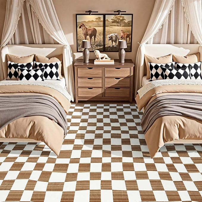 jinchan 8x10 Brown Checkered Area Rugs for Kids Room - Machine Washable Rug Modern Neutral Geometric Lattice Soft Non-Slip Carpet for Nursery Playroom Classroom Living Room Bedroom Dining Room
