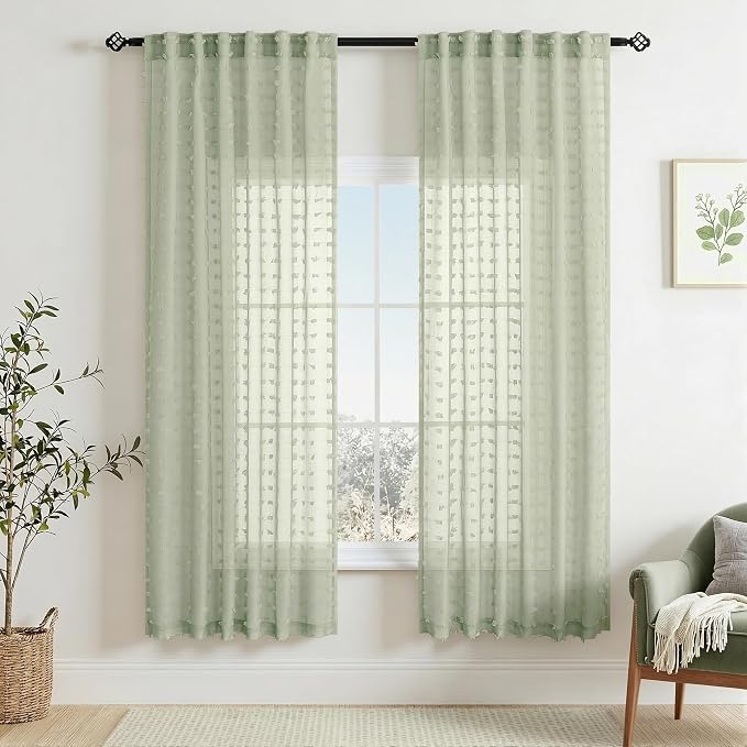 DANCURTON Boho Pom Pom Sheer Curtains 2 Panels 63 Inch Length Back Tab Sage Green Sheer Window Curtain Shabby Chic Green Spring Farmhouse Style Elegant Drapes for Nursery Kids Room Bedroom Living Room