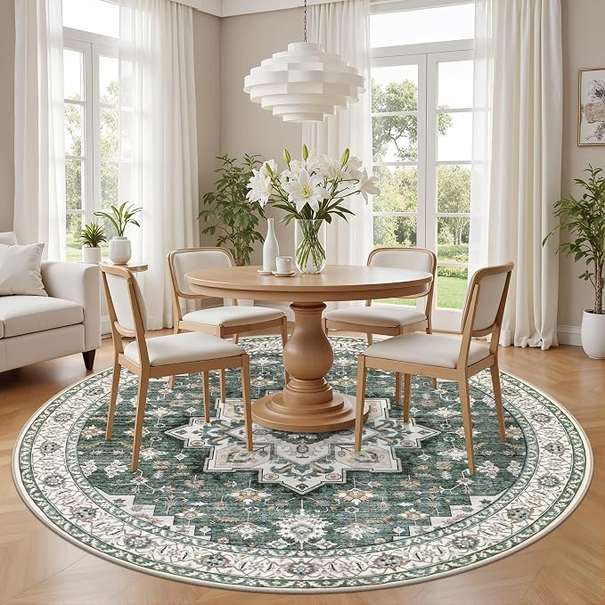 Round Area Rug for Living Room: 4 ft Washable Vintage Boho Soft Thin Circle Rug Indoor Floor No Slip Stain Resistant Carpet for Bedroom Dining Room Farmhouse Nursery Home Office - Green Ivory
