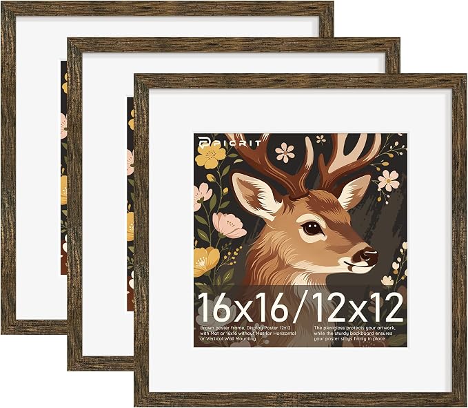 Picrit 16x16 Picture Frame 3 Pack, Wooden Brown Rustic Poster Frame, Display Poster 12 x 12 with Mat or 16 x 16 without Mat for Horizontal or Vertical Wall Mounting