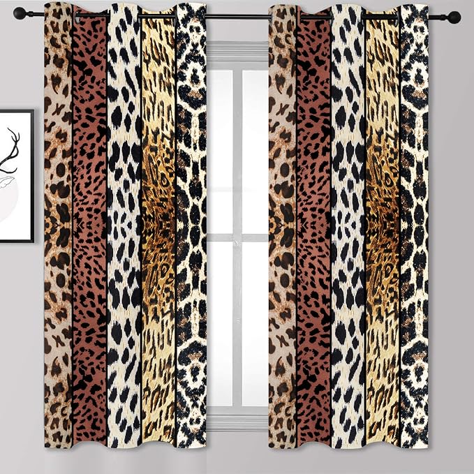 Wild Animal Print Curtain, Room Darkening Thermal Insulated Blackout Leopard Boa Window Drapes with Grommets for Living, Dining, Bedroom, Brown Leopard Print, 42"x 63", 2 Panels