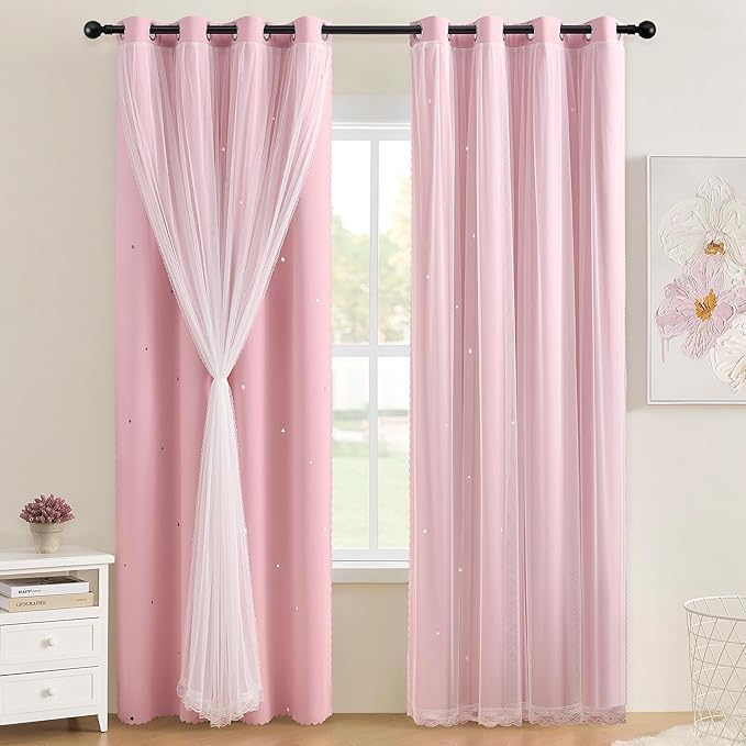 XiDi Pink Blackout Curtains with Sheer Overlay Mix and Match Double Layer 80% Room Darkening Window Treatment Set for Girls Bedroom Living Room Pink Star Drapes with Tiebacks Grommet Top 34" Wx96 Lx2