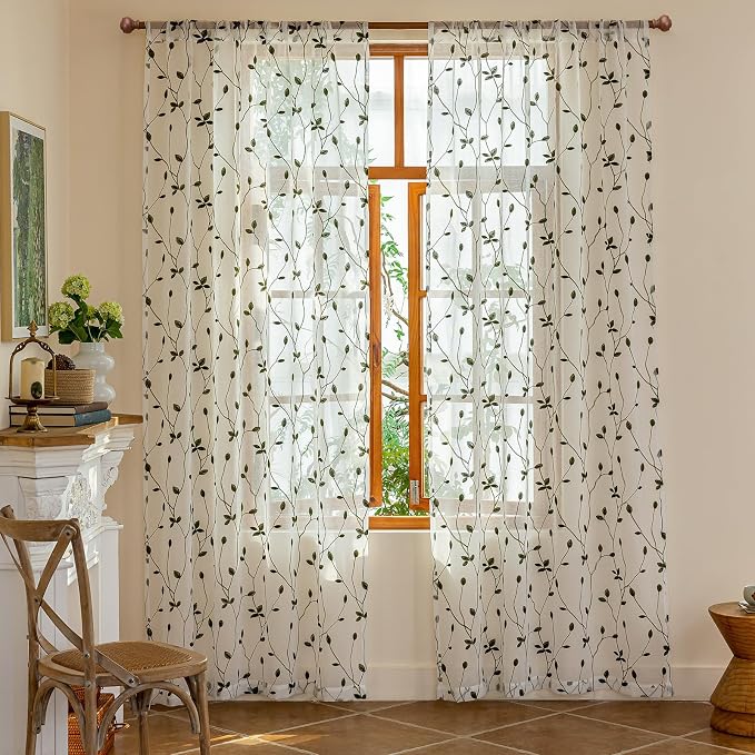 AmHoo 2 Panels Embroidered Leaf Pattern Semi Sheer Curtains Foliage Floral Voile Window Draperies Treatment for Bedroom Living Room Rod Pocket White Olive Green 53 x 95 Inch