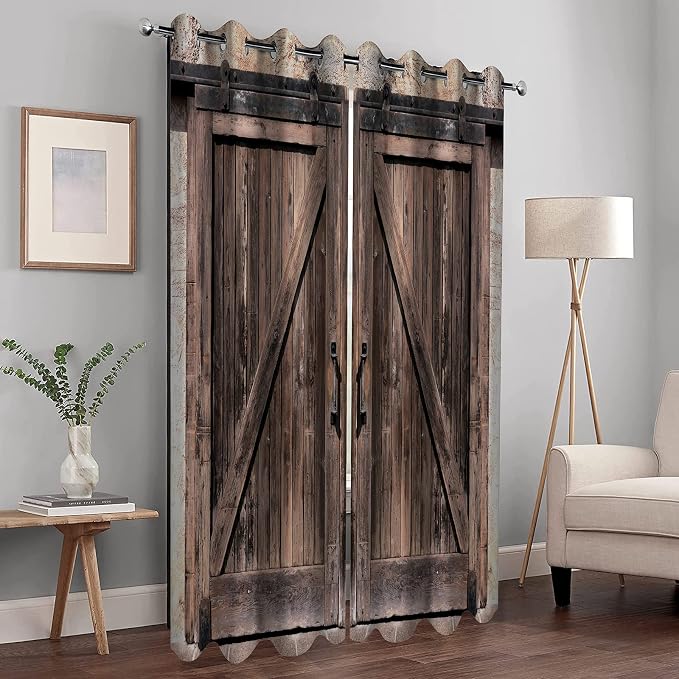 MissHope Rustic Wooden Barn Door Blackout Curtains Vintage Brown Wood Door Farmhouse Country Decor for Home Bedroom Living Room Grommet Window Drapes 2 Panels, 52x84 Inch